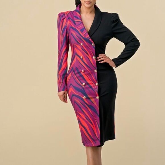 Color block  button down midi dress - Picture 1 of 13